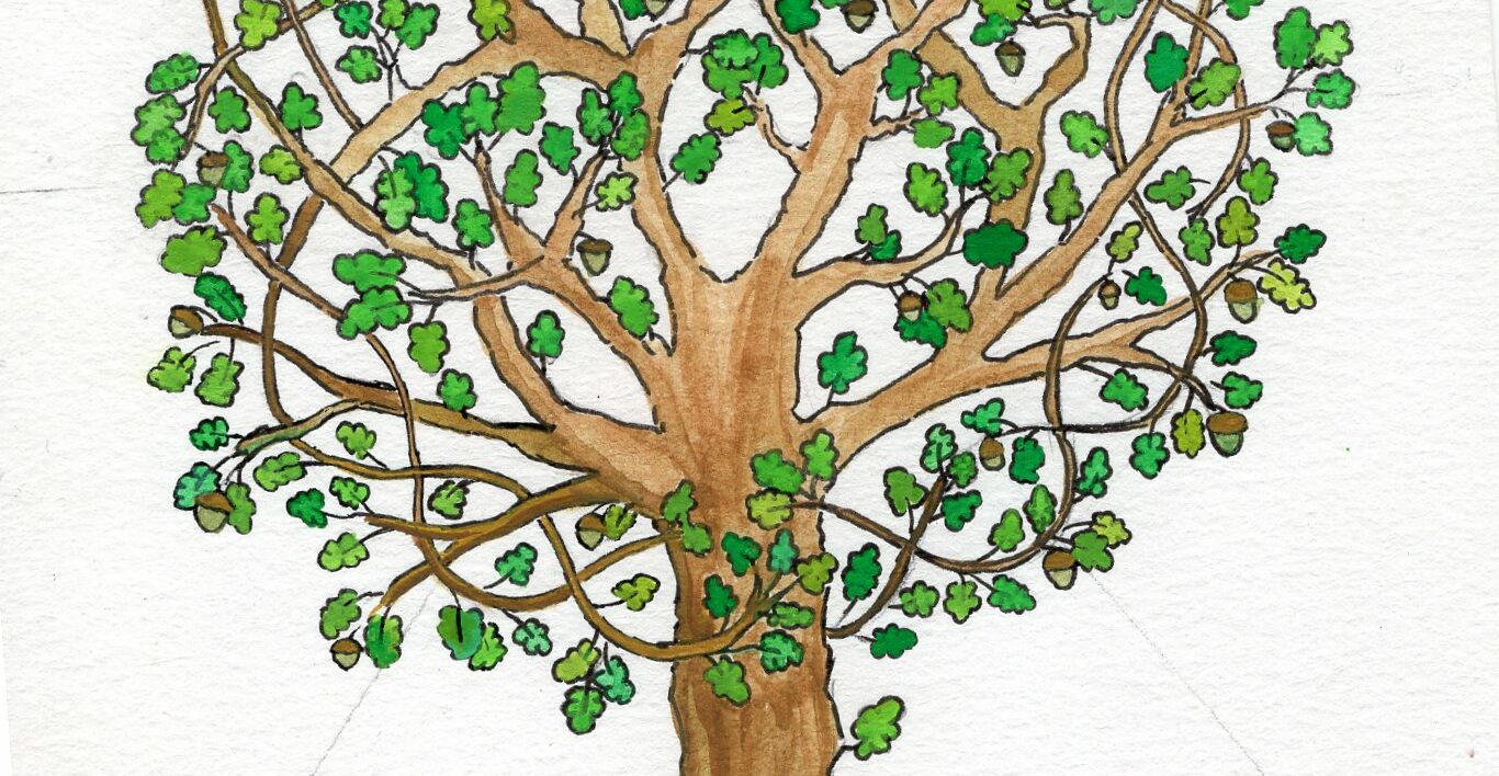 Un arbre avec des feuilles et des glands de chêne dont les branches forment un motif d'entrelacs. Une œuvre de Julianoë.